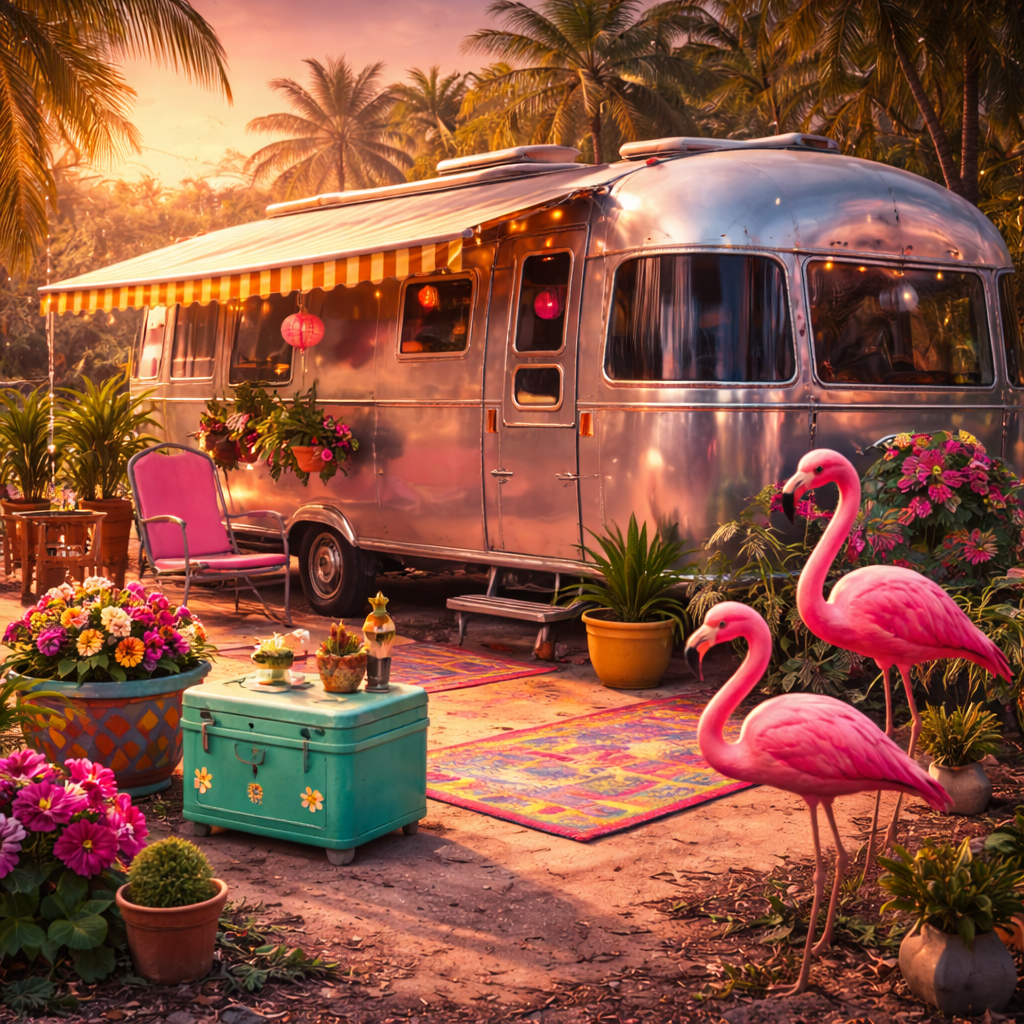 Airstream flamingo scene