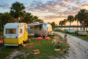 pink flamingos and retro camper