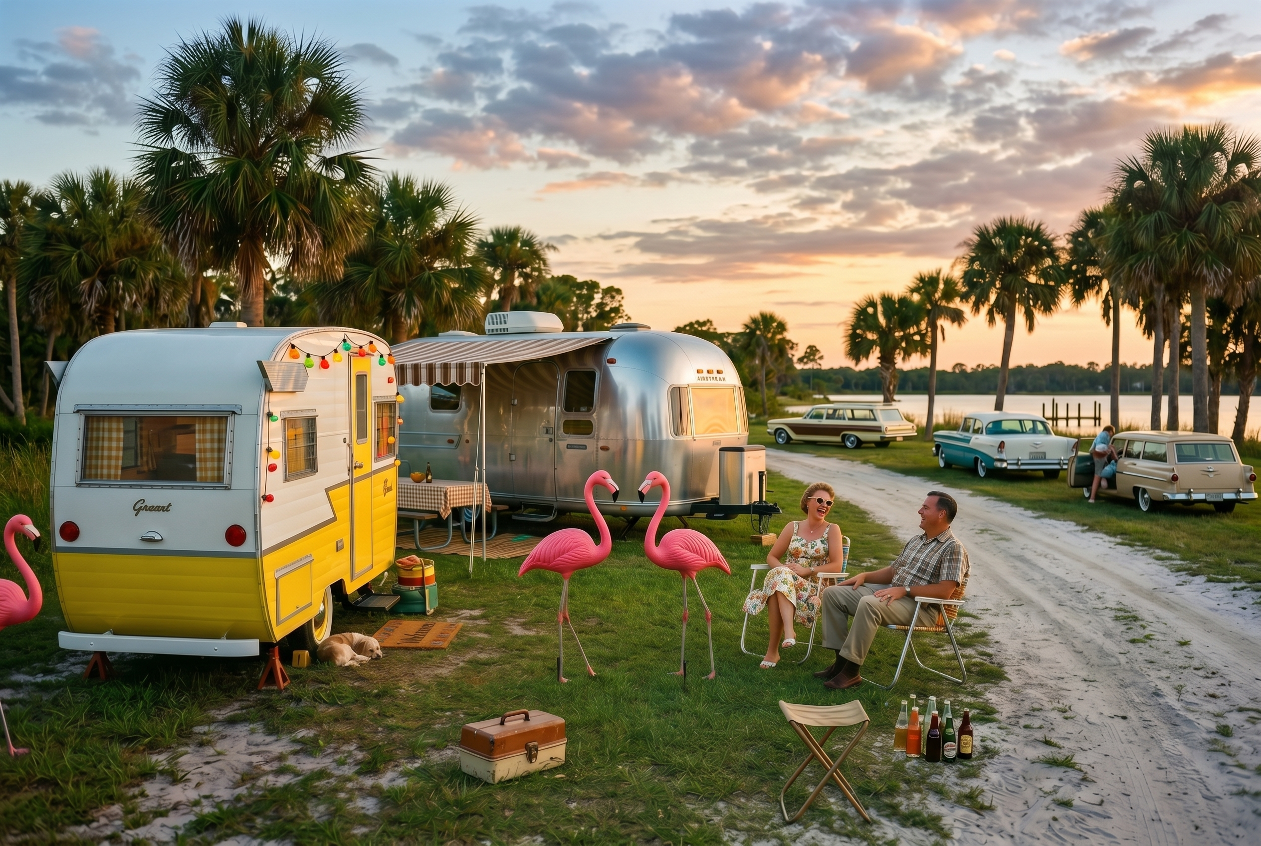pink flamingos and retro camper